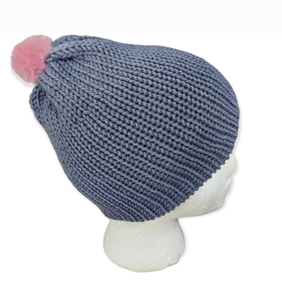 Hand Knit Grey Beanie with Pink Pom - Picture 2 of 5